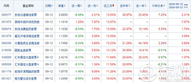 2016年9月股票型基金排名 股票基金排名