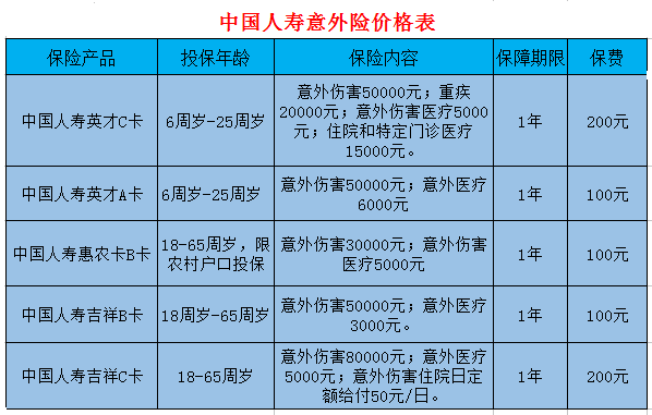 中国人寿意外险价格表